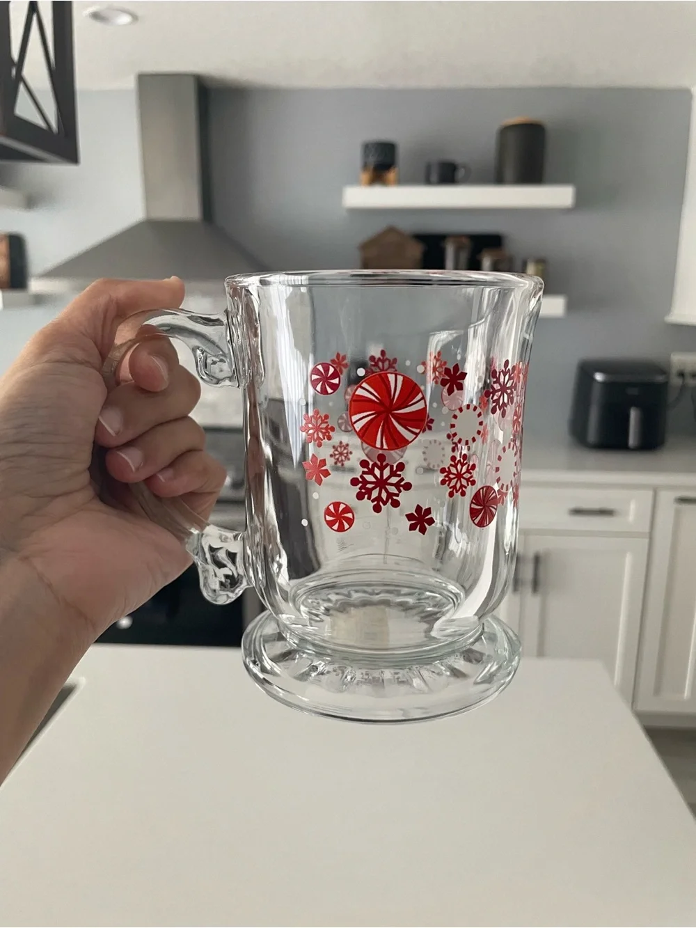 Pier 1 Christmas Peppermint Snowflake Glass Mugs Set of 2 Holiday Footed Cups